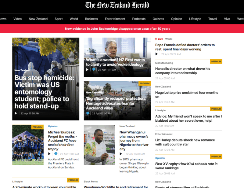 オンライン版NZ Heraldトップページ画像